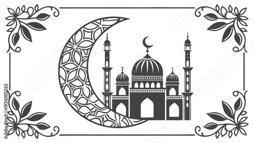 Eid al adha decorative frame with islamic geometric mosque and crescent moon
