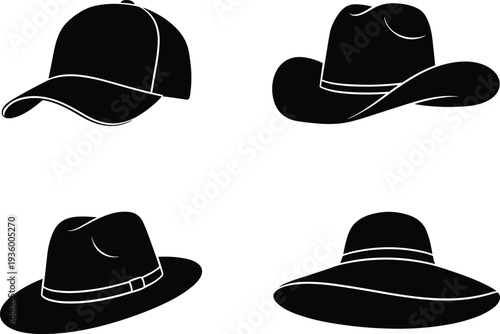Hat silhouette collection featuring baseball cap, cowboy hat and wide brim styles isolated on white background, fashion accessory vector illustration set