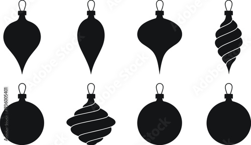 Black Christmas ornament silhouettes set with classic and modern shapes, isolated on white background, minimalist holiday decorations, festive winter design elements collection