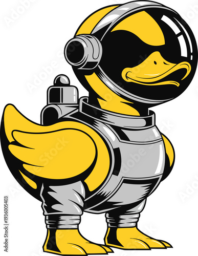 Cool Astronaut Duck Character in Silver Space Suit - Sci-Fi Cyberpunk Mascot Vector