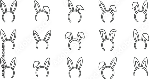 Easter rabbit, bunny ear headband in different positions and arrangements, such as upright, floppy, or angled. 