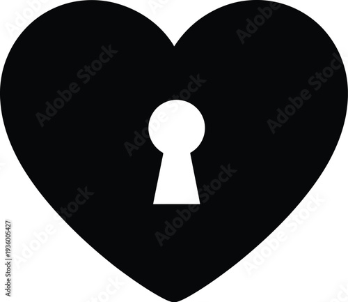 Black heart shape with a white keyhole in the center.  
"Heart Lock" metaphor for unlocking someone feelings. Valentine's Day themes, greeting cards, and website design. 