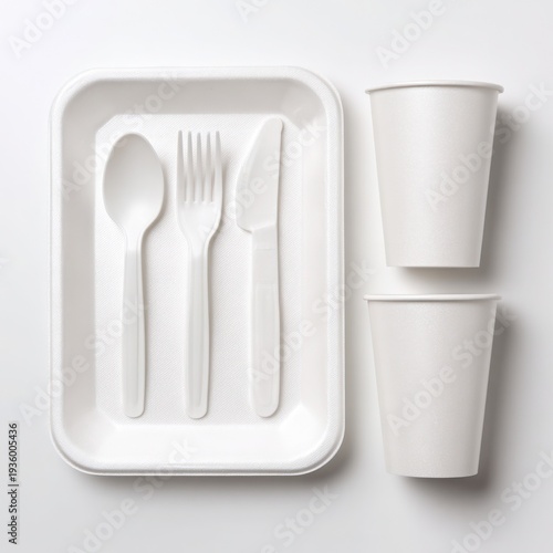 white plastic cuttlery arranged on a white background