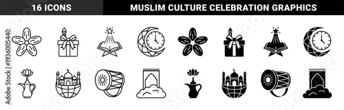 Islamic religious symbols combined with modern lifestyle elements featuring crescent moon clock and mosque globe hybrid icons in line and solid styles