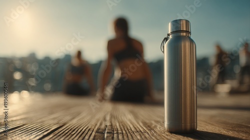 a sport water bottle with a sports cap, sitting on a sunlit wooden deck. 