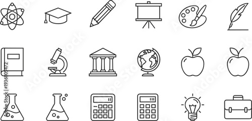 Collection of thin line education icons featuring science lab tools school supplies graduation cap books and academic symbols for learning design