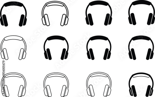 Collection of black and outline headphone icons featuring various headset styles for music listening gaming professional audio recording and podcasting