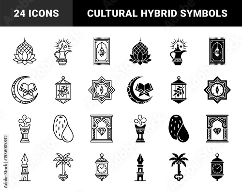 Ramadan cultural symbols and Islamic religious traditions. Minimalist monoline pictograms for Iftar celebrations, prayer rituals, and spiritual family gatherings.