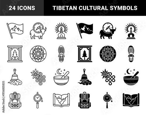 Himalayan adventure hybrid symbols combining mountain climbing gear with tibetan cultural motifs in outline and solid versions for trekking branding