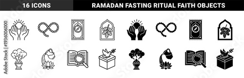 Islamic spiritual practice and religious tradition hybrid symbols featuring prayer hands with sun rosary beads prayer mat with qibla compass and dates