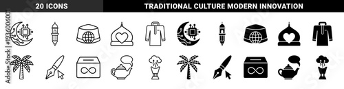 Islamic culture and digital technology hybrid linear icons featuring moon microchip minaret pencil globe songkok and palm tree solar panel