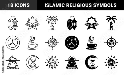 Ramadan Kareem and Islamic celebration line art elements. Minimalist monoline graphics featuring lanterns, incense burners, prayer beads, and dates for religious branding.