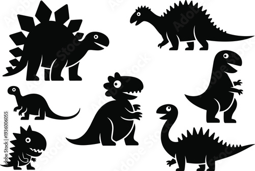 Set of Cute Dinosaur Silhouette Vector Illustrations, Isolated Cartoon Dino Characters Including Tyrannosaurus Rex and Stegosaurus for Kids Design