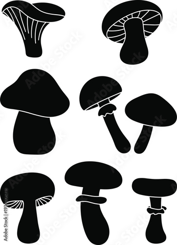 Collection of Black Mushroom Silhouette Vector Icons Featuring Chanterelle Porcini and Wild Forest Fungi Shapes Isolated on White Background for Organic Nature Graphic Design Illustrations