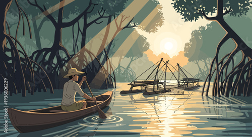 Man paddling canoe through tranquil mangrove forest at sunrise.