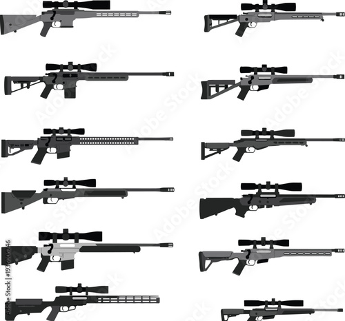 Collection of Modern Sniper Rifle Illustrations Featuring Tactical Precision Firearms With Scopes and Adjustable Stocks Vector Icons Set Isolated on White Background for Shooting Sports