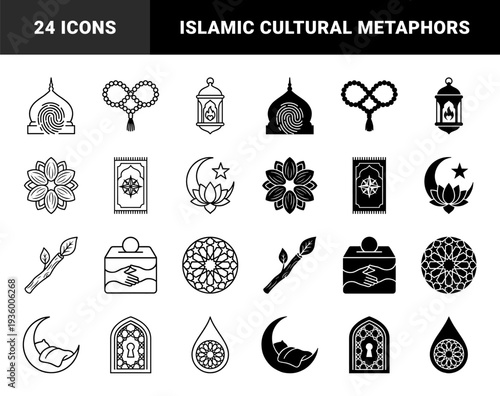 Islamic spiritual hybrid symbols featuring mosque fingerprint dome prayer bead infinity loop lantern heart flame and crescent moon lotus flower motifs