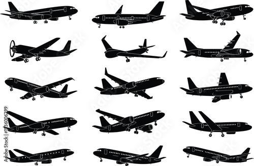 Comprehensive Collection of Airplane Silhouettes Featuring Commercial Passenger Jets and Propeller Planes in Various Flight Angles Isolated on White Background for Travel and Aviation Design