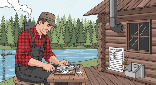Man preparing fish on wooden table near cabin.