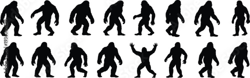 Black Bigfoot Silhouette Vector Set, Isolated Sasquatch and Yeti Collection in Various Walking and Standing Poses for Mythical Creature Wildlife Illustration
