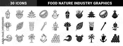 Black and white hybrid icons featuring conceptual fusions of food nature and industry symbols like gear coconuts and circuit board noodles in minimalist style