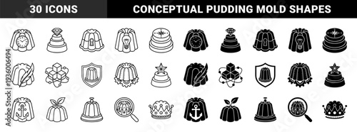 Gelatin dessert hybrid symbol set featuring culinary molds merged with clock diamond lightbulb compass quill shield gear anchor and crown