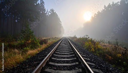 Railway tracks disappearing into the misty distance, a journey into the unknown.