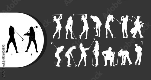 Golfers in various poses with clubs on dark background