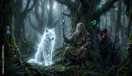 Cinematic fantasy scene of an old bearded druid sitting in a misty forest with two magical spirit wolves representing light and dark