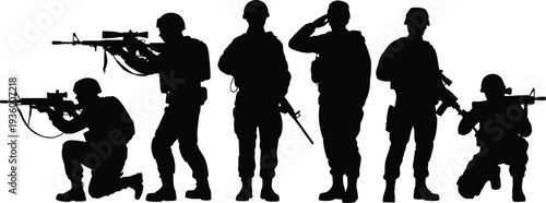Black soldier silhouettes set, military personnel icons, armed forces vector collection, infantry poses, army squad elements for war and defense.