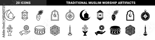 Islamic religious symbols featuring crescent moon mosque dome and lantern alongside date fruit compass incense burner zakat hand and prayer drum in outline and solid styles