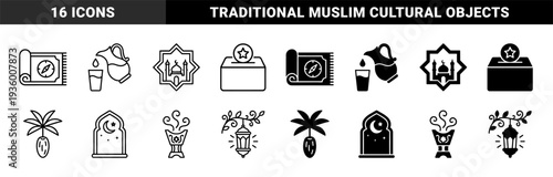 Islamic religious symbols featuring hybrid designs of prayer rugs with compasses and mosques within octagonal stars in outline and solid styles