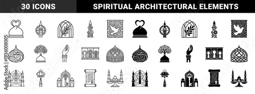 Symmetry and sacred geometry hybrid icons merging architectural dome silhouettes with organic olive branches lotus flowers gears and spiritual symbols