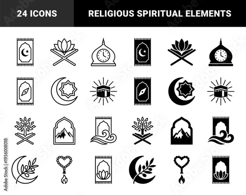 Islamic spiritual hybrid icons merging traditional prayer rug motifs with celestial elements nature symbols and sacred geometry in linear and solid styles