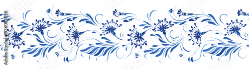 Vector floral seamless border pattern from hand painted blue flowers and leaves on a white background