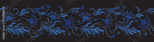Vector floral seamless border pattern from hand painted blue flowers and leaves on a black background