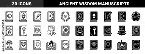 Mystical and spiritual book symbols featuring hybrid designs of crescent moon lantern feather hourglass key magnifying glass lotus flower tree heart and flame