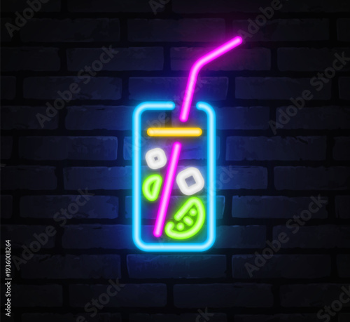 Colorful neon vector of a fresh lemonade with ice cubes and citrus slices. Luminous lines give a modern street style vibe. Ideal for cafe decor, menu design, or summer promotions.