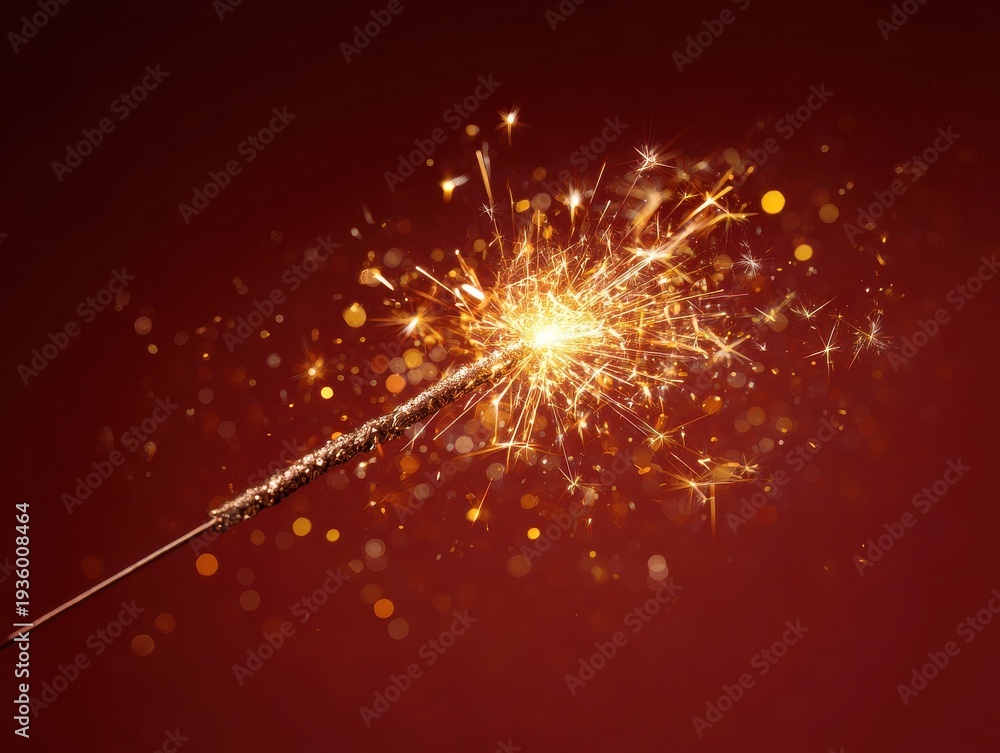Obraz premium golden sparkler with bright sparks isolated on a red background