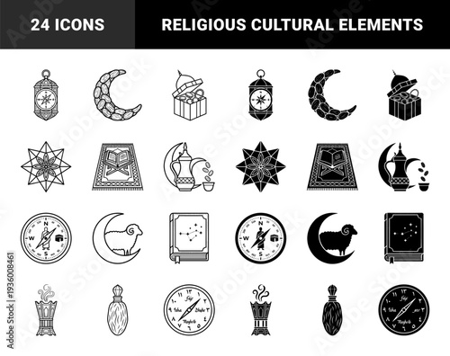 Black and white islamic hybrid icons merging traditional religious symbols with celestial elements and navigation tools for ramadan and eid