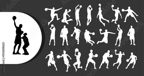 Dynamic basketball players in action poses with silhouettes