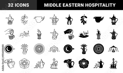 Traditional Middle Eastern cultural symbols merged into hybrid lifestyle icons featuring dallah coffee pots dates desert landscapes and camels