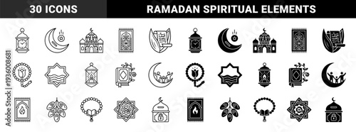 Islamic religious symbols featuring hybrid spiritual concepts combining mosque architecture with community figures and prayer rituals in dual outline and solid styles