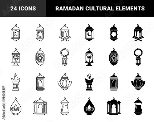 Islamic heritage symbol collection featuring lantern hybrids with crescent moon star prayer book palm tree incense burner and blooming lotus flower