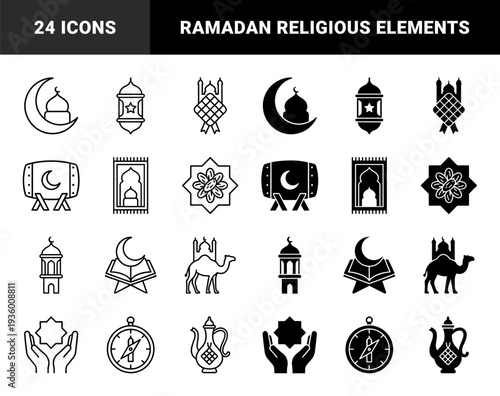 Islamic cultural and religious elements featuring mosque dome, prayer beads, ramadan drum, and water pot in bold monoline minimalist style.