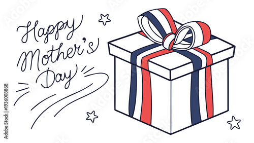 Gift box with red white and blue ribbon for mothers day white background present