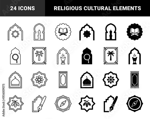 Islamic religious symbols and prayer rituals in technical monoline style. Minimalist spiritual elements featuring Kaaba mosque architecture and devotion practices.
