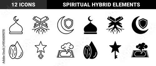 Islamic spiritual hybrid symbols merging crescent moon with shield star with key and quran with roots in outline and solid silhouette style