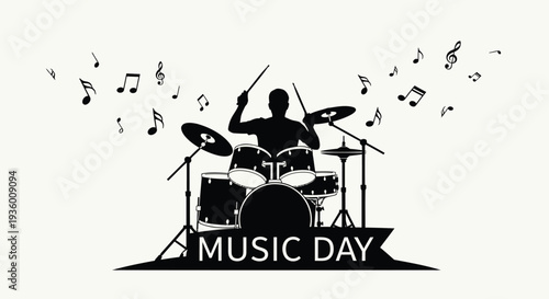 Vector illustration of drummer silhouette with musical notes for Music Day