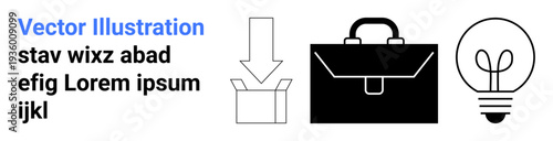 Business tools, innovation, ideas generation, download processes, entrepreneurship, creative solutions. Minimalist ion of a briefcase, arrow to box and light bulb icon. Innovation and business tools
